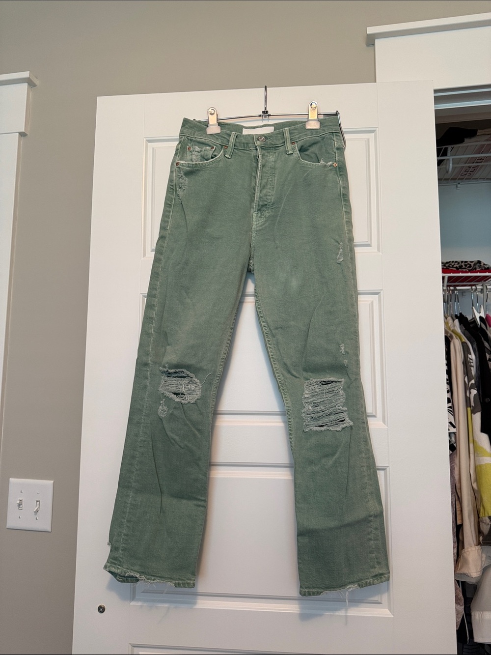 MOTHER Olive Green Cropped Straight Jeans with Distressed Knees
